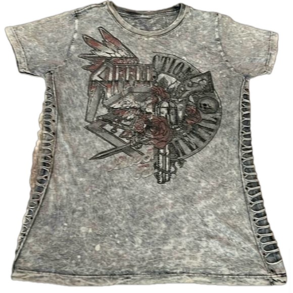 Affliction Roadie Split T Shirt Women's Size Small with Tieup Back. Fun Flirty - Picture 1 of 11